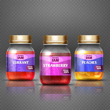 Closeup glass jar with jam, marmalade with label and badge design vector illustration. Conservation fruit jam currant and peaches, sweet organic jamのイラスト素材