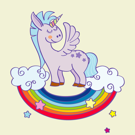 Vector winged unicorn standing on a rainbow with clouds. Mythology magical animal with horn illustrationのイラスト素材
