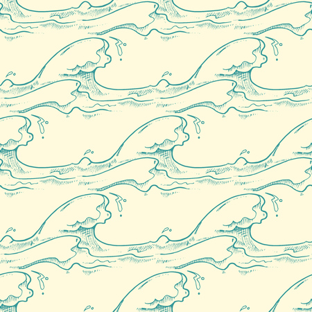 Green hand drawn waves vector seamless pattern. Line ocean background illustrationのイラスト素材