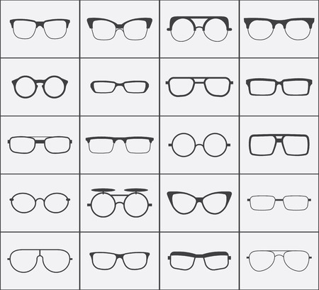 Set of vector glasses icons in black over white. Collection of hipster glasses illustrationのイラスト素材