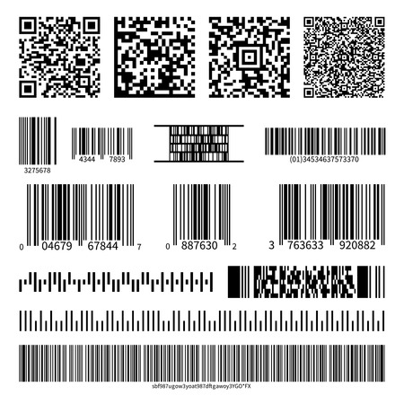 Business barcodes and QR codes set. Black striped code for digital identification, illustration of monochrome design qr codeのイラスト素材
