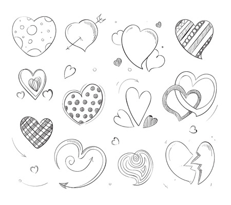Cute doodle hearts, love pencil drawn grunge wedding symbolsのイラスト素材