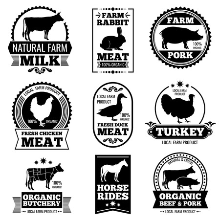Farm animal vintage meat, butcher shop, badges, labels. brand organic meat beef and pork, illustration of butchery with black silhouette animalsのイラスト素材