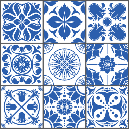 Vintage ceramic tiles illustration. Floor seamless design texture set. Tiles traditional mosaic, texture decoration tile patternのイラスト素材