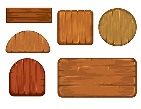 Wooden retro labels set. Different shapes of wood sign board. Plank frame and timbered board illustrationのイラスト素材