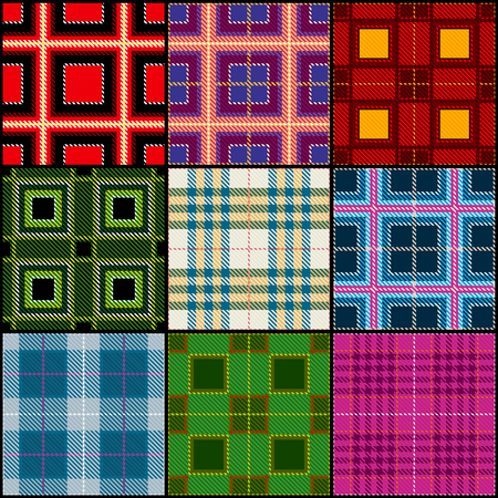 Classic tartan, british traditional stripe, plaid vector seamless patterns set. Texture classic checkered cloth, illustration of fashion textile scottish checkeredの写真素材