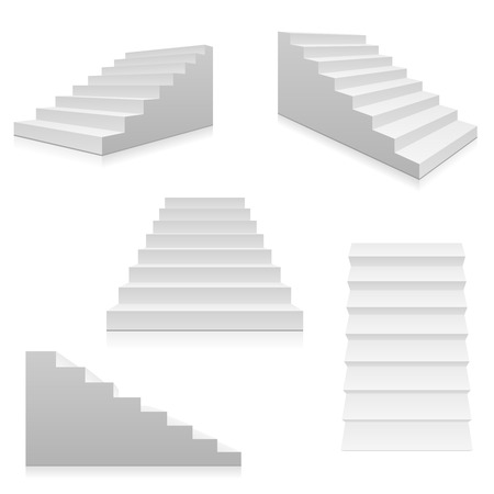 White stairs, 3d interior staircases isolated on white. Vector steps collection. Staircase for interior illustration isolated on white backgroundのイラスト素材
