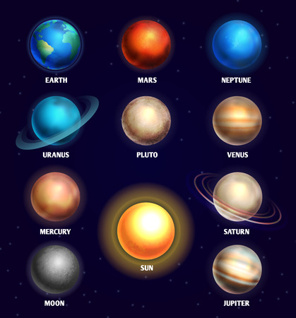 Planets of solar system and sun education vector illustration. Planets of olar system for design planetariumのイラスト素材