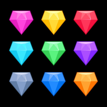 Colorful vector diamonds isolated over black, game elements. Collection of gem for interface game illustrationのイラスト素材