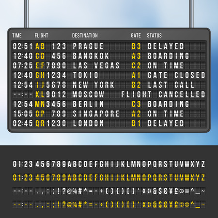 Airport flip arrivals information scoreboard vector mockup. Display with information flight and destination, illustration of info scoreboardのイラスト素材