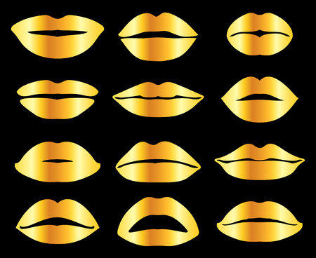 Golden womans lips in misc expression vector icons set illustrationのイラスト素材