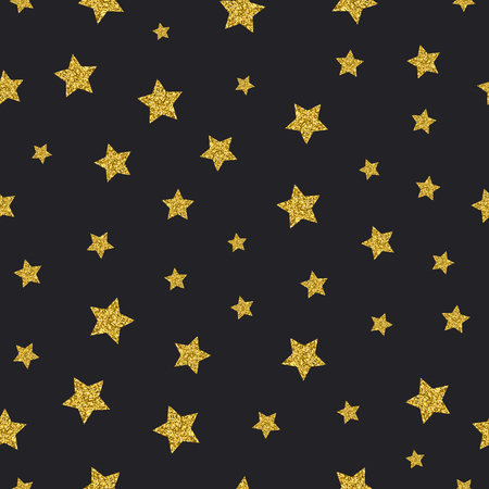 Vector gold glitter stars seamless pattern black background. Backdrop with foil star illustrationのイラスト素材