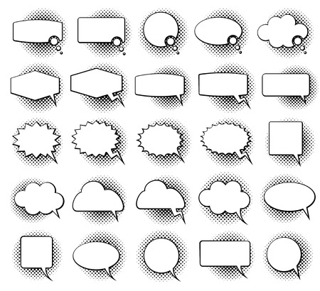 Empty monochrome speech comic text bubbles with halftone dot shadow effect vector set. Speech bubble for dialog, illustration of speech cloudのイラスト素材