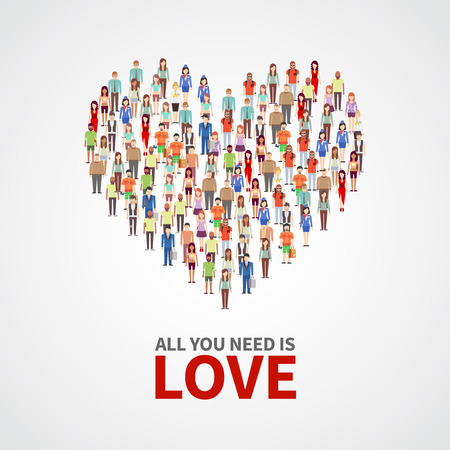 Happy people community, adult persons crowd in heart shape. All you need is love vector poster. Crowd of people, illustration of concept human loveのイラスト素材