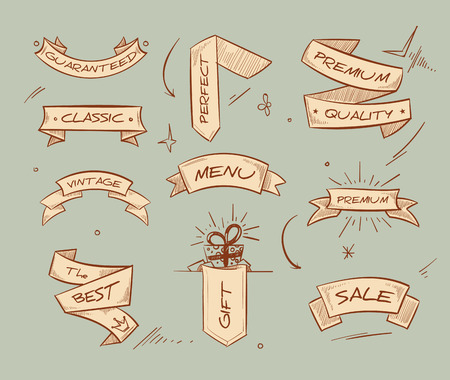 Doodle retro ribbon banners with hand drawn retail selling messages vector collection. Ribbon banner with text menu, sale and premium quality, illustration of riibbons for badgeのイラスト素材