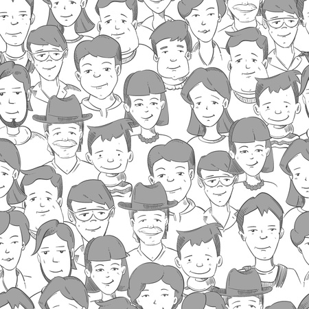 People crowd with many faces, human heads vector seamless background. Cute people faces in crowd. Illustration of hand drawn peopleのイラスト素材