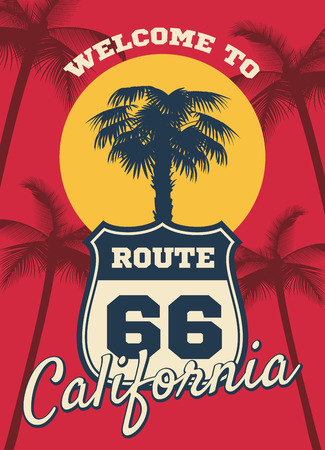 California beach seashore theme vector dream background, postcard design. Silhouette of tree palm in california, illustration of sign route 66 to travel californiaのイラスト素材