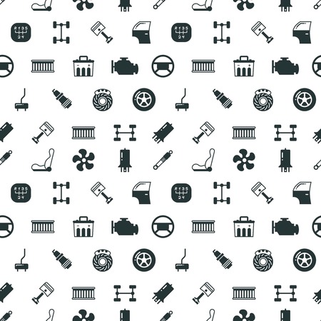Car spare parts vector seamless pattern with automobile spare part spark and steering wheel, illustration of black silhouette car partsのイラスト素材
