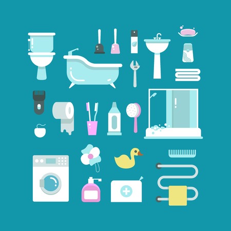 Plumbing, sanitary engineering, hygiene icons. Sink, toilet, piping, bathroom. Elements for bathtoom design washing machine and towel illustrationのイラスト素材