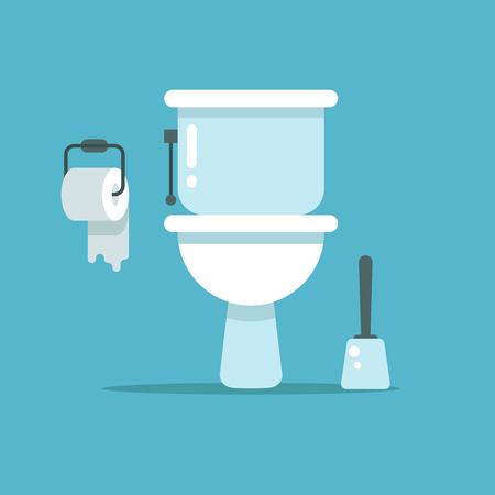 Washroom, toilet bowl, bidet with with toilet paper and toilet brush illustration. Toilet room with brush and paperのイラスト素材