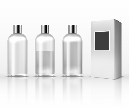 Cosmetic clear plastic bottles, empty transparent lotion containers isolated on white vector set. Glass container for lotion or perfume, illustration of bottle with perfumeのイラスト素材