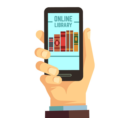 Hand holding smartphone with books, e-reading, online library education concept. Library online on phone, illustration of web mobile app libraryのイラスト素材