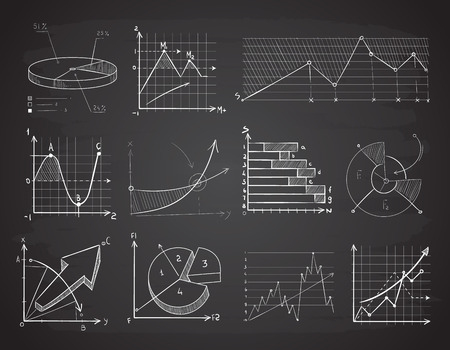 Hand drawn finance business charts, diagrams, pie graph doodle vector elements. Business graphic on chalkboard, illustration of hand drawn chart chalk boardのイラスト素材