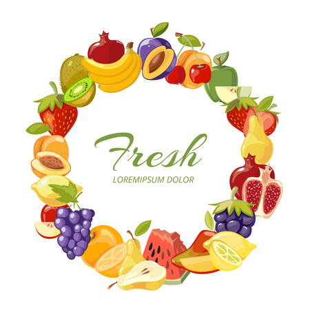 Scattered fruits healthy eating vector frame isolated over white background illustrationのイラスト素材
