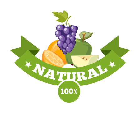 Natural fresh food, fruits logo badge vector template. Organic fruits label illustrationのイラスト素材