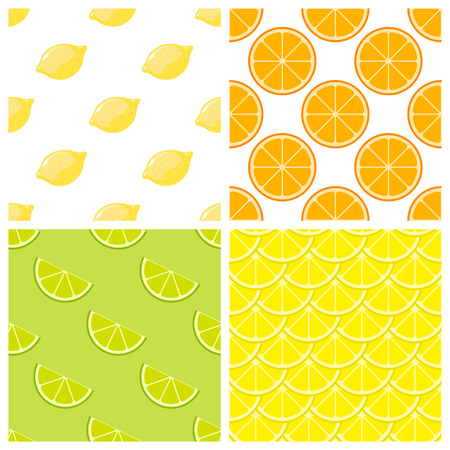 Citrus fruits bright vector seamless pattern. Set of color background with lemon and orange illustrationのイラスト素材