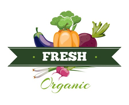 Natural fresh food, vegetables logo badge vector template. Label for farm eco vegetables illustrationのイラスト素材