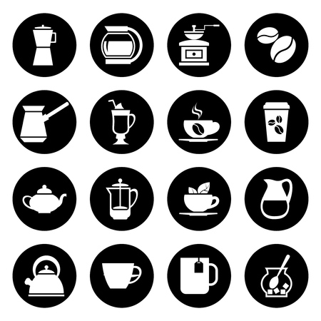 Coffee vector icons set in black and white. Hot beverage black illustrationのイラスト素材