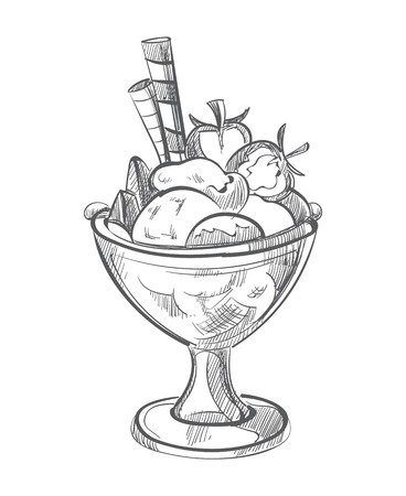 Ice cream with waffles and strawberry hand drawn vector. Sweet food with strawberry illustrationのイラスト素材