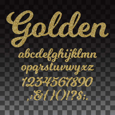 Gold glitter vector font, golden alphabet with lowercase letters, numbers and symbols. Golden abc and signs question exclamation, illustration of golden typeset and numberのイラスト素材