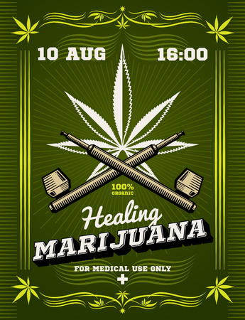 Marijuana smoker, weeds, drug warning vector background. Drug cannabis for medical use, illustration of banner healing cannabisのイラスト素材