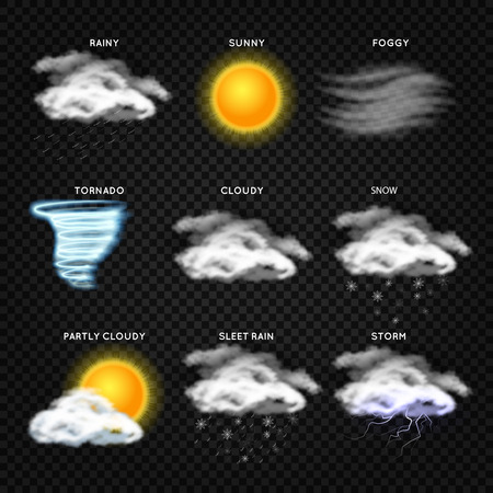 Realistic weather vector icons isolated on transparent background. Forecast weather, illustration of symbol to forecast appのイラスト素材