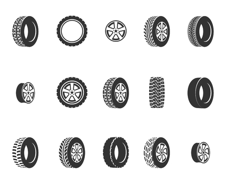 Tires, wheel disks auto service vector icons. Auto black wheel, illustration of automobile rubber wheelのイラスト素材