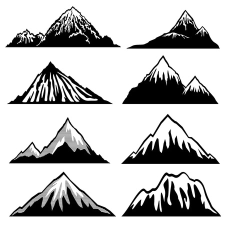 Highlands, mountains vector silhouettes with snow capped peaks and hillsides. Snow mountain summit illustration of shape mountain landscapeのイラスト素材