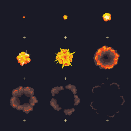 Cartoon disappear explode bomb explosion with smoke cloud vector animation frames. Explode animation design, illustration of explosion animation with smokeのイラスト素材