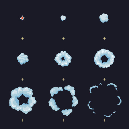 Puff, boom, burst, explosion, explode animation frames vector effect. Boom explode animation, illustration of shot hit animationのイラスト素材