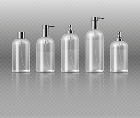 Transparent cosmetic perfume bottles with pump, cosmetic glass tube packaging vector template. Glass bottle for perfume or gel, illustration of bottle with cosmetic liquidのイラスト素材