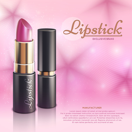 Cosmetics design advertising template with lipstick, 3d colorful makeup vector background. Banner with lipstick, illustration of beauty glossy advertising lipstickのイラスト素材