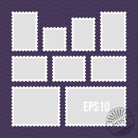 Postage stamps with perforated edge and mail stamp vector template. Set of postal stamp frame, illustration of stamp for mailのイラスト素材