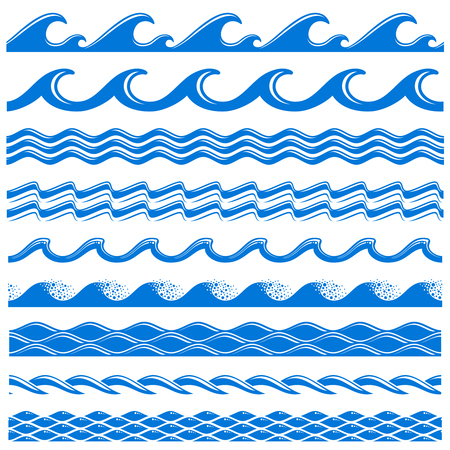 Sea water waves vector seamless borders set. Decorative wave sea, illustration of pattern water sea border waveのイラスト素材