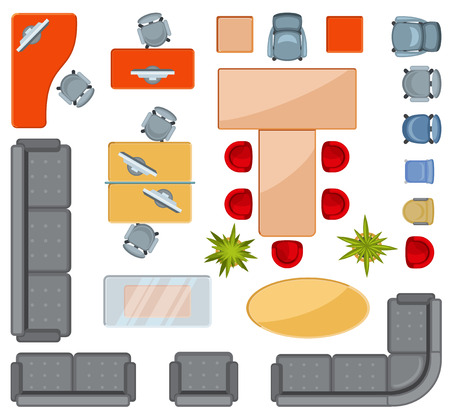 Top view interior furniture icons flat vector icons. Projection architectural floorplan office, illustration of office drawing interiorのイラスト素材