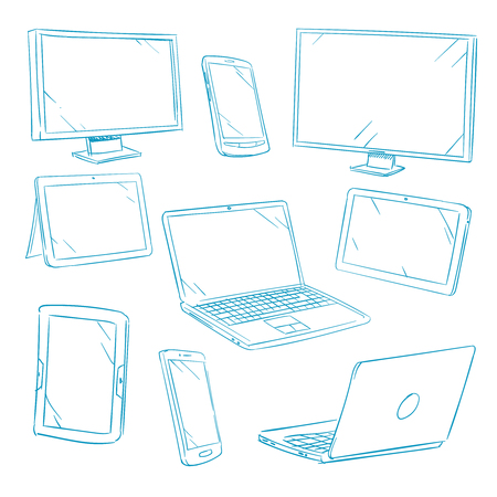 Doodle digital devices, tablet, pc, laptop, cell phone line vector icons. Tablet and laptop, gadget device smartphone, illustration of smart gadgetのイラスト素材