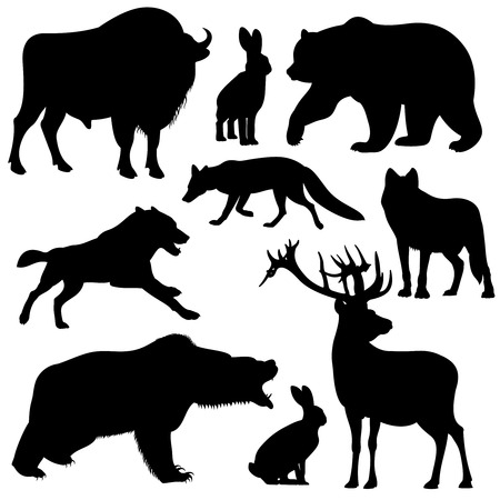 Black vector outline wild forest animals silhouettes. Collection of animals bull deer and fox, illustration of animals variousのイラスト素材