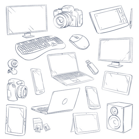 Hand drawn, sketch computer technology gadgets vector set. Computer electronic device, illustration of computer monitor and tablet touchscreenのイラスト素材