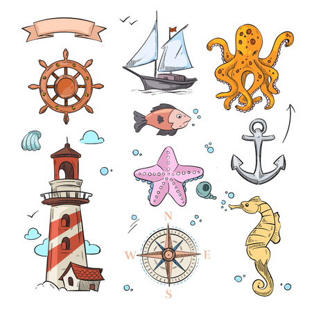 Nautical vector doodle design set with sea star, octopus, sailboat, anchor, compass and lighthouse. Steering wheel.のイラスト素材