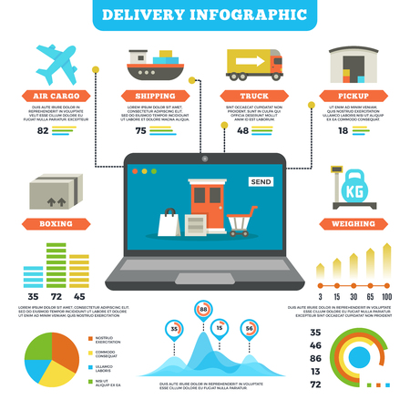 Cargo logistics and production delivery vector infographic mockup. Delivery service air and truck.のイラスト素材